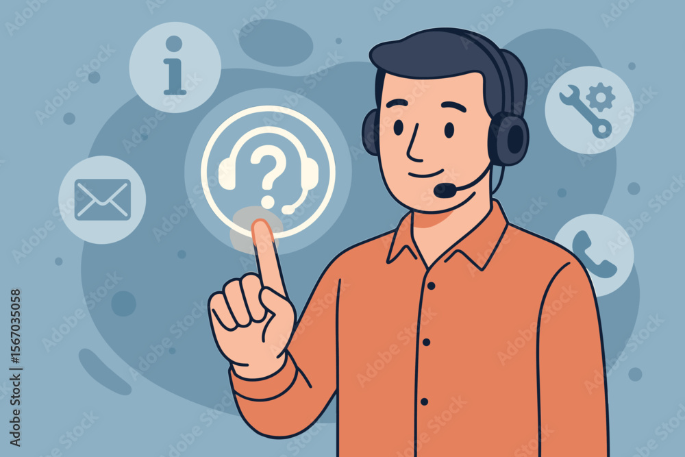 Customer Support Representative Touching Virtual Help Icon, Technical Assistance, Call Center Service, Online Communication, Modern Flat Vector Illustration Customer Support Representative Touching Virtual Help Icon, Technical Assistance, Call Center Service, Online Communication, Modern Flat Vector Illustration