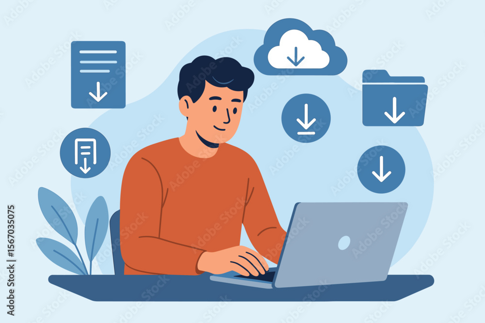 Man Using Laptop with Download Icons, Cloud Storage, Data Management, Document Organization, Modern Flat Vector Illustration, Digital File Transfer, Online Data Access Man Using Laptop with Download Icons, Cloud Storage, Data Management, Document Organization, Modern Flat Vector Illustration, Digital File Transfer, Online Data Access