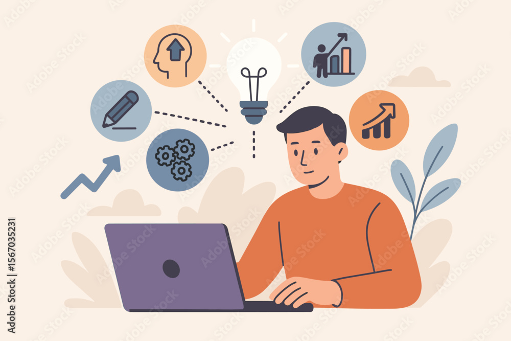 Upskill and Personal Development Concept, Human Resource Development, Leadership Thinking, Competency, Creativity, Problem Solving, Professional Growth, Person Using Laptop for Learning and Innovation Upskill and Personal Development Concept, Human Resource Development, Leadership Thinking, Competency, Creativity, Problem Solving, Professional Growth, Person Using Laptop for Learning and Innovation