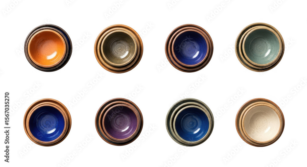 Handcrafted Artisan Ceramic Bowls in a Vibrant Assortment of Colors for Elegant Kitchen and Table Decor, isolated on a transparent background Handcrafted Artisan Ceramic Bowls in a Vibrant Assortment of Colors for Elegant Kitchen and Table Decor, isolated on a transparent background