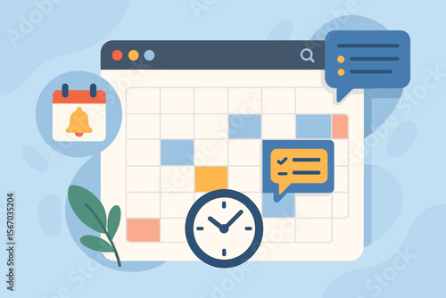 Calendar Schedule Management, Appointment Reminders, Meeting Agenda Notifications, Time Planning, Task Organization, Modern Flat Vector Illustration, Digital Interface, Productivity Concept