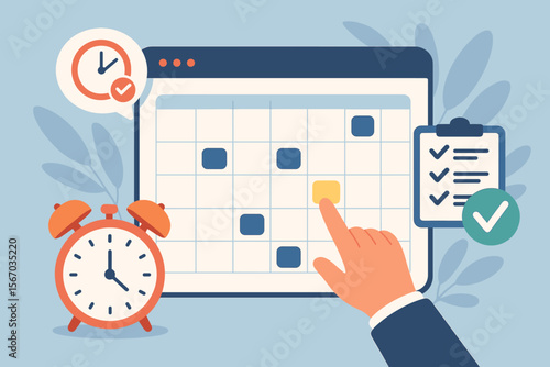 Time Management, Calendar Planning, Appointment Reminders, Meeting Agenda Scheduling, Productivity Checklist, Alarm Clock, Task Organization, Flat Vector Illustration, Modern Office Concept