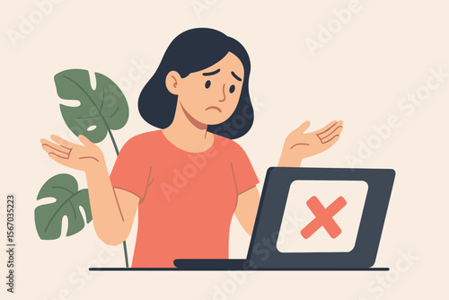 KYC Verification Failure, User Data Not Approved, Account Access Denied, Online Identity Check Error, Digital Rejection, Compliance Issue, Flat Vector Illustration, Computer, Confused Woman