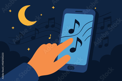 Abstract Hand Playing Music Notes on Smartphone at Night Background, Music Concept. Modern Flat Vector Cartoon Illustration. Try to avoid text 2.