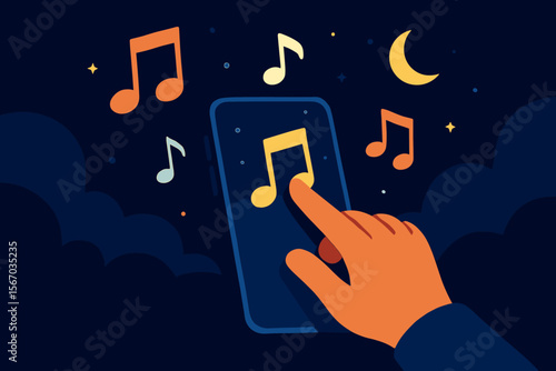 Hand playing music on smartphone at night. Listening to audio playlist on mobile app. Concept of streaming service. Sound technology entertainment. Modern flat vector illustration.