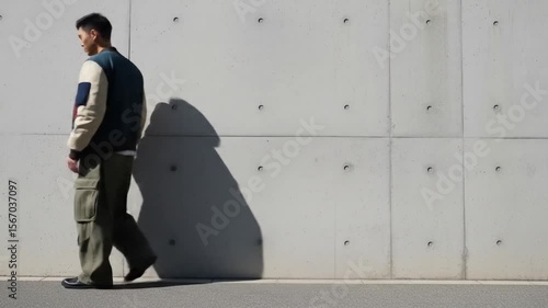 Stylish Man Walks Past Concrete Wall in Modern Fashion Video