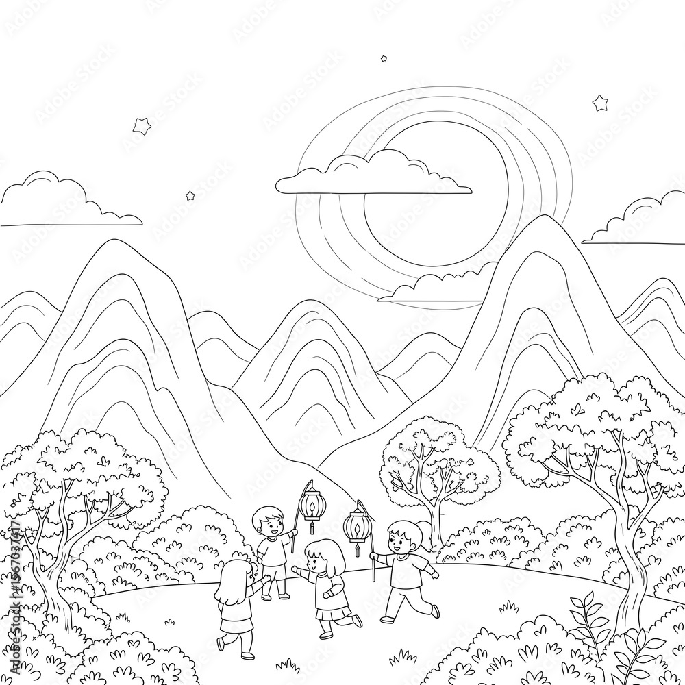 Fototapeta premium Children celebrating outdoors with lanterns under a starry sky and mountains isolated on transparent background