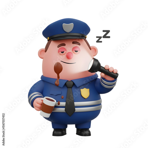 Cartoon Police Officer In Uniform Asleep On Duty With Flashlight and Spilled Coffee