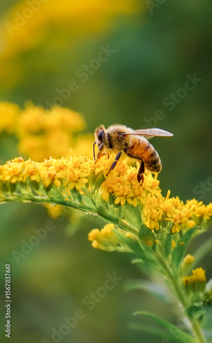 Honey Bee Pollinates Goldenrod Flowers in Maine Garden, North American Wildlife Macro Photo 