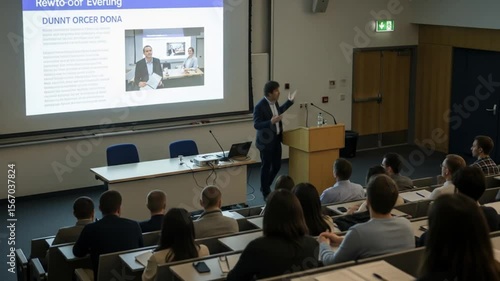 University Lecture: Professor Presents to Students in Modern Auditorium Setting