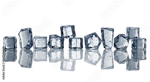 A Stunning Collection of Ice Cubes Reflecting Light, Ideal for Beverage and Cooling Concepts in Summer, isolated on a transparent background