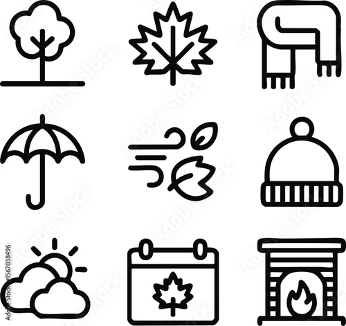 Autumn Season Icons Fall Leaves, Weather, and Cozy Elements Vector Illustrations