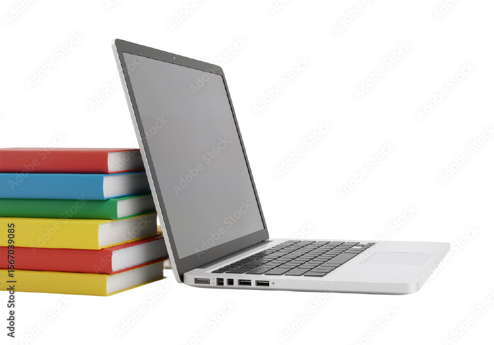 Modern Laptop with Colorful Books Against White Background, Symbolizing Technology, Education, and Blended Learning Modern Laptop with Colorful Books Against White Background, Symbolizing Technology, Education, and Blended Learning