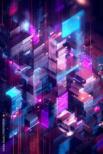 Abstract digital city composed of glowing blocks.