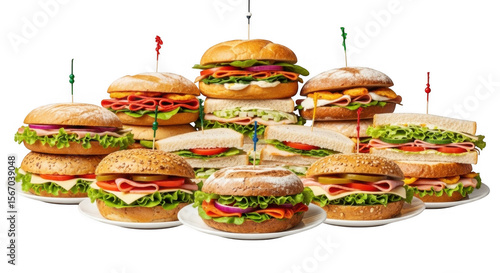 Variety of Colorful Sandwiches Stacked on Plates for a Delicious Meal Experience, isolated on a transparent background