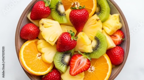 Vibrant Fruit Salad Bowl: Strawberries, Kiwi, Pineapple, and Orange Slices