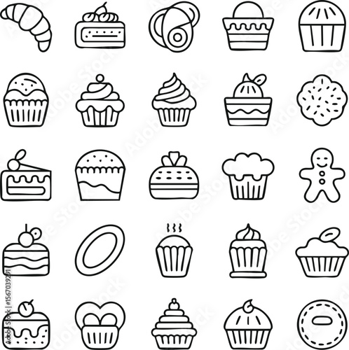 Collection of Delicious Pastry and Cake Line Icons  Perfect for Bakery Websites and Menus