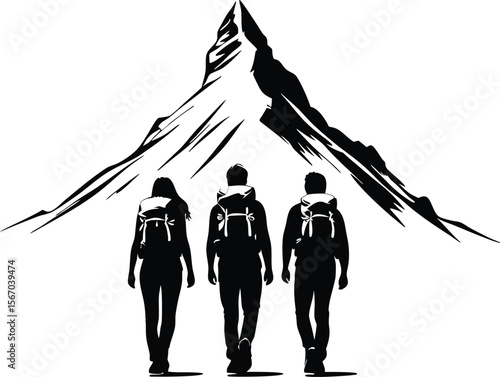 Group of Hikers Silhouette Walking Towards a Mountain Peak Vector Illustration