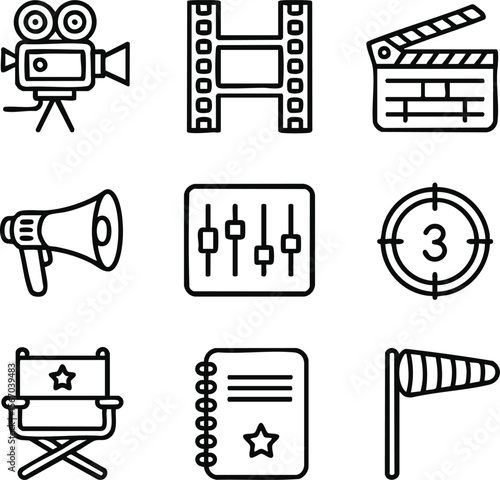 Filmmaking Icons Camera, Clapperboard, Film Reel, and More