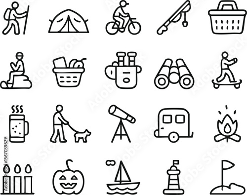Outdoor Adventure Icons Hiking, Camping, Cycling, Fishing, and More
