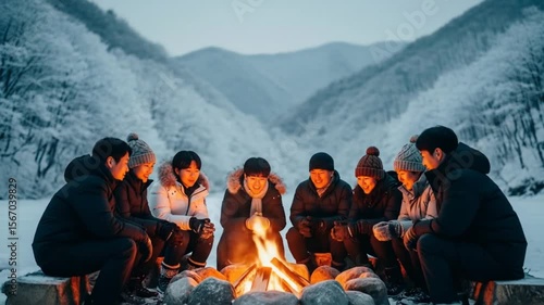 Winter Campfire Gathering: Friends Share Stories in Snowy Mountain Landscape