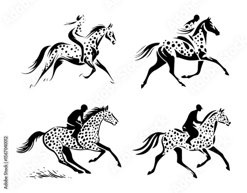 Stylized Appaloosa Horses with Riders – Black and White Vector