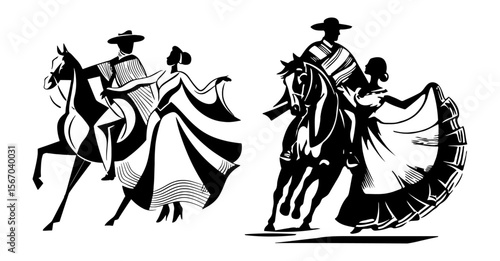 Traditional Horseback Dance with Elegant Couples – Black and White Vector