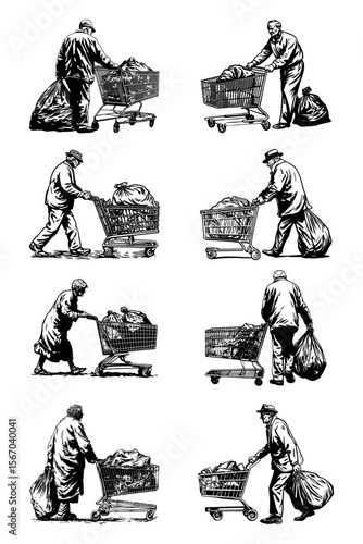 Elderly Homeless People with Shopping Carts – Social Commentary Vector Art