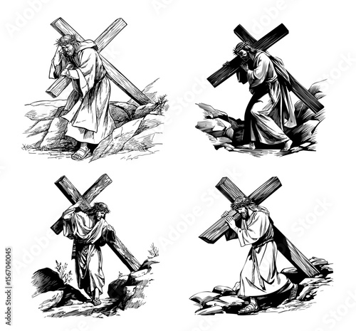 Jesus Carrying the Cross – Emotional Black and White Illustration Series