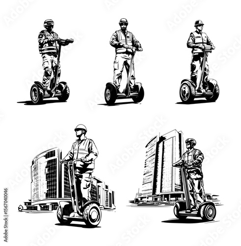 Security Guards Patrolling on Segways – Black and White Vector Set/