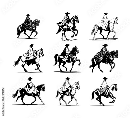 Paso Fino Horses and Riders in Traditional Attire – Vector Illustration Set