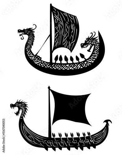 Viking Longships with Dragon Heads – Black and White Vector Designs