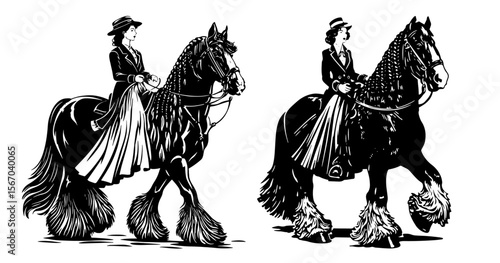 Elegant black and white vector illustrations of women riding horses side-saddle in traditional attire, emphasizing grace and equestrian beauty.