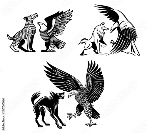 Dramatic black-and-white vector scenes of wolves confronting vultures in tense standoffs, symbolizing conflict and survival in nature.