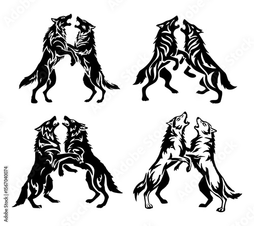 Powerful silhouettes of wolves in battle stances—biting, growling, and standing on hind legs—emphasizing wild aggression and primal energy.