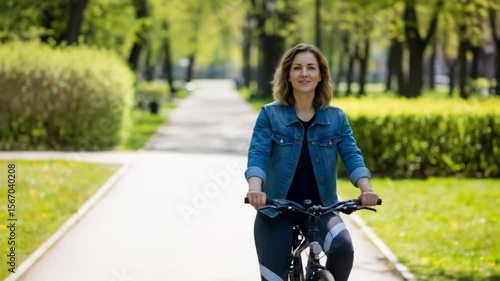 Woman Cycling on Path Through Green Park on Sunny Day for Fitness and Recreation
