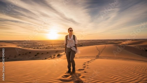 Woman Hiking Desert Dunes at Sunset