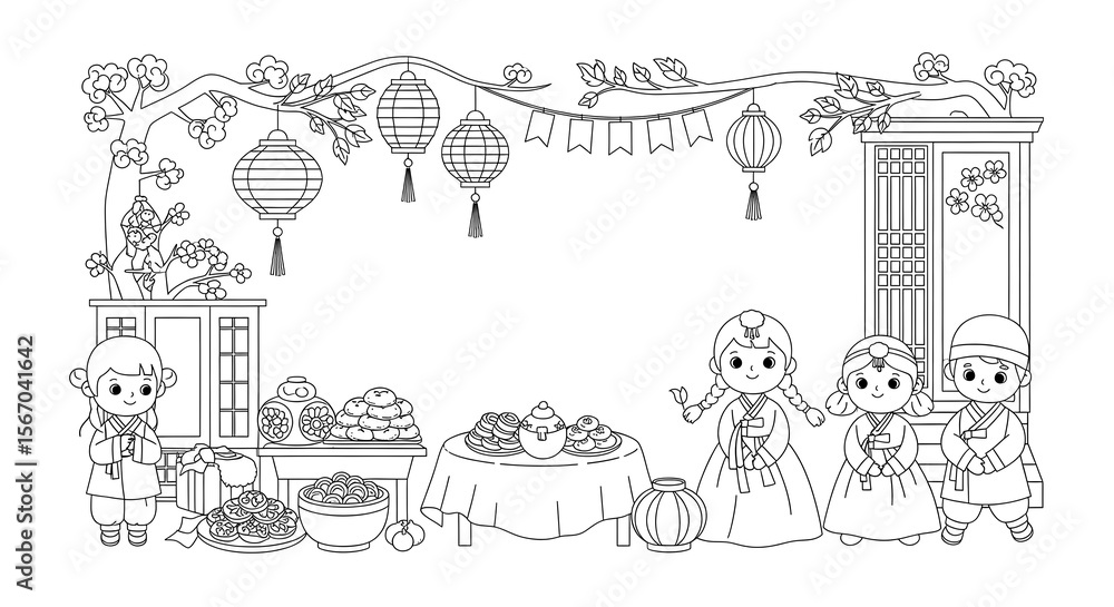 Fototapeta premium Cute children in korean hanbok celebrating with traditional food and lanterns isolated on transparent background