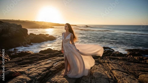 Woman in Flowing Dress Stands on Rocky Shore at Sunset Over Ocean