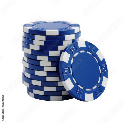 Stack of blue and white casino poker chips with one chip in front isolated on transparent background