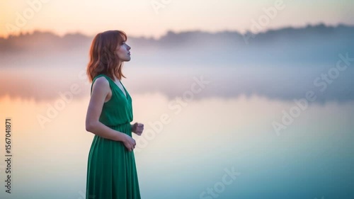 Woman in Green Dress Contemplates Misty Lake at Sunrise, Serene Nature Scene