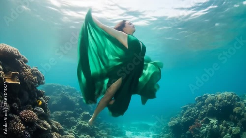 Woman in Flowing Green Dress Underwater Swimming Near Coral Reefs