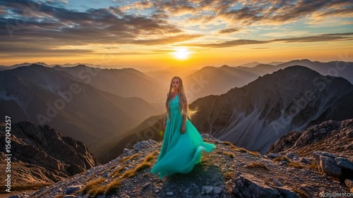 Woman in Teal Dress Standing on Mountain Peak at Sunset, Hair Flowing in the Wind