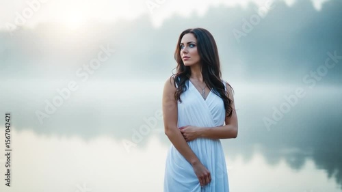 Woman in White Dress by Misty Lake at Dawn