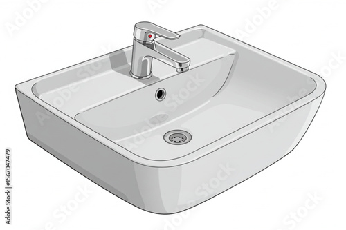 Clean white sink with faucet provides a modern design element, ideal for bathroom layouts, plumbing diagrams, and home renovation plans.