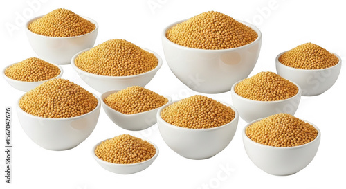 Various Bowls Filled with Golden Mustard Seeds for Culinary Uses, isolated on a transparent background