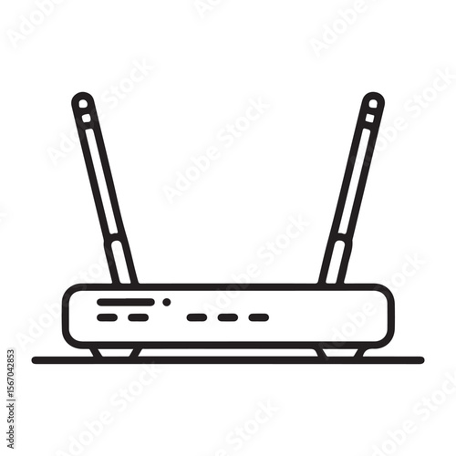 Modern wireless router with two antennas depicted as a clean black outline icon on a white background