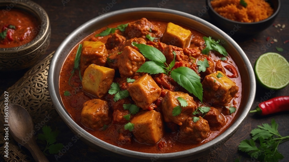 Delicious vegetarian curry featuring tofu, herbs, and spices in a rich sauce, served in a traditional bowl. Delicious vegetarian curry featuring tofu, herbs, and spices in a rich sauce, served in a traditional bowl.