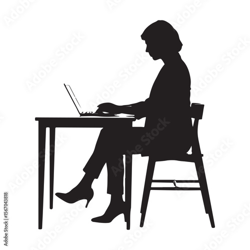 Silhouette of a woman sitting at a desk and working on a laptop computer with her legs crossed