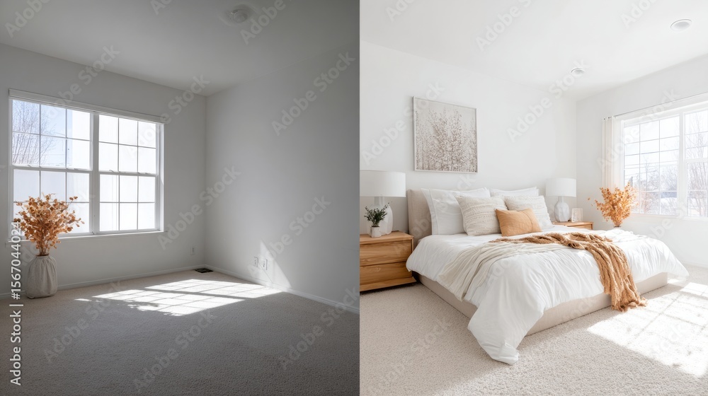 Fototapeta premium Minimalist room transformation: before and after, showcasing clean lines and natural light